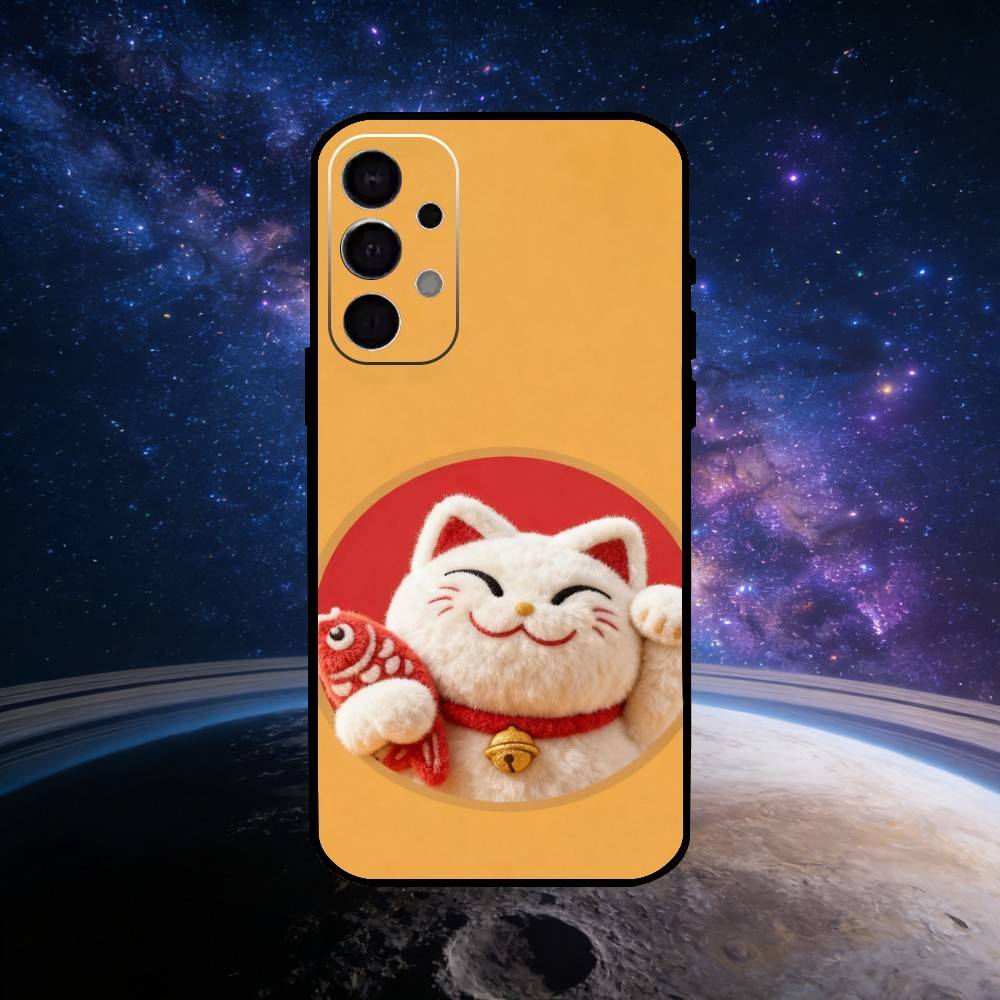 Cute Lucky Maneki Neko Cat Phone Case For Samsung S25,S24,S23,S22,S21,S20,Ultra,Plus,FE Black Soft Cover