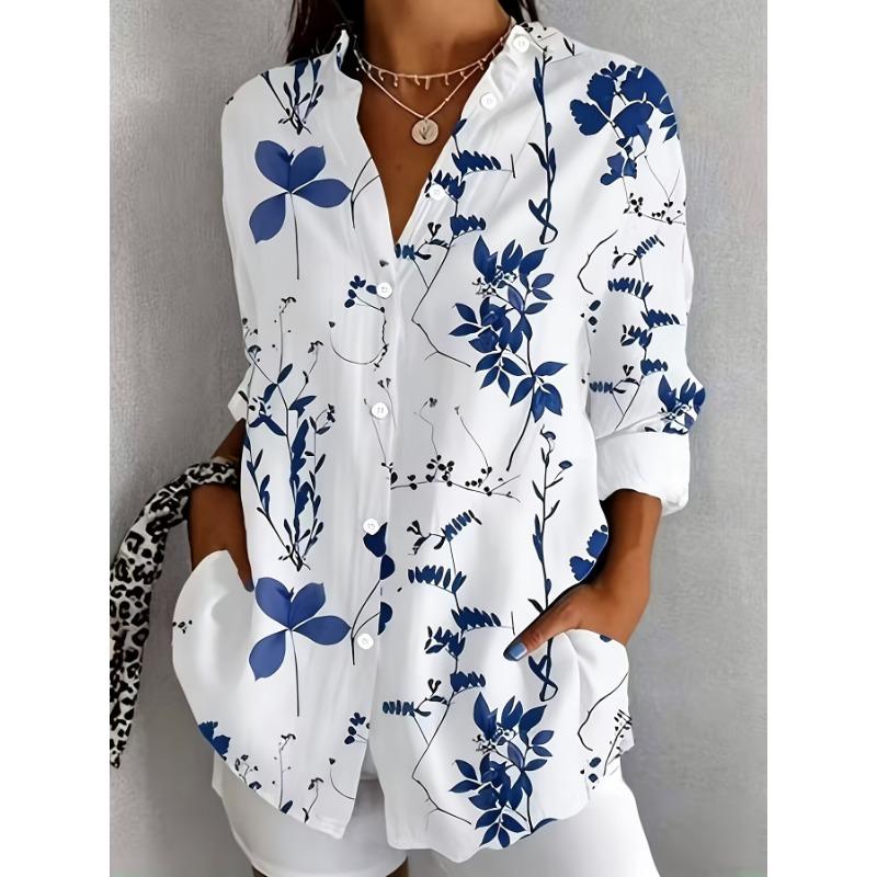2026 European and American ins style new Chinese blue and white shirt artistic blue plant print loose shirt