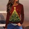 Женская модная повседневная футболка с разрезом по низу, круглым вырезом, длинными рукавами, свободного кроя, с рождественским принтом, женский топ