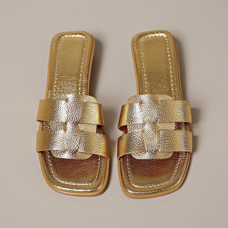 Лето 2025 новые европейские и американские экспортные большого размера шлепанцы на плоской подошве с квадратным носком женские для ленивой носки пляжные крутые шлепанцы