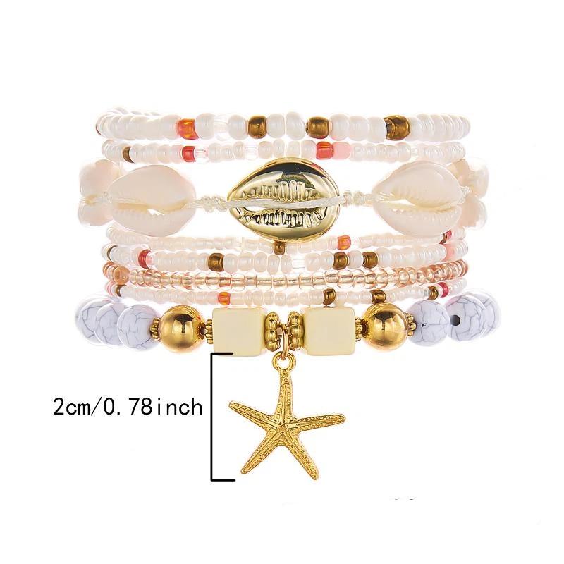 Boho Rice Beads Starfish Pendant Bracelets For Women Summer Ocean Beach Shell Charm Multilayer Bracelet Set