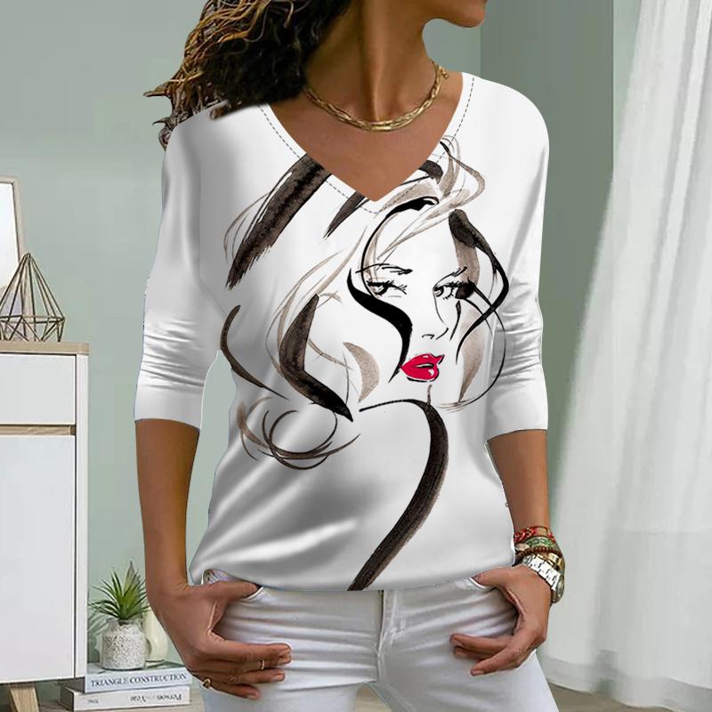 Handsome Woman's Face Print Women Tshirts Ladies Tops Long Sleeve V-neck Pullover Femme T-shirts T Shirt For Women