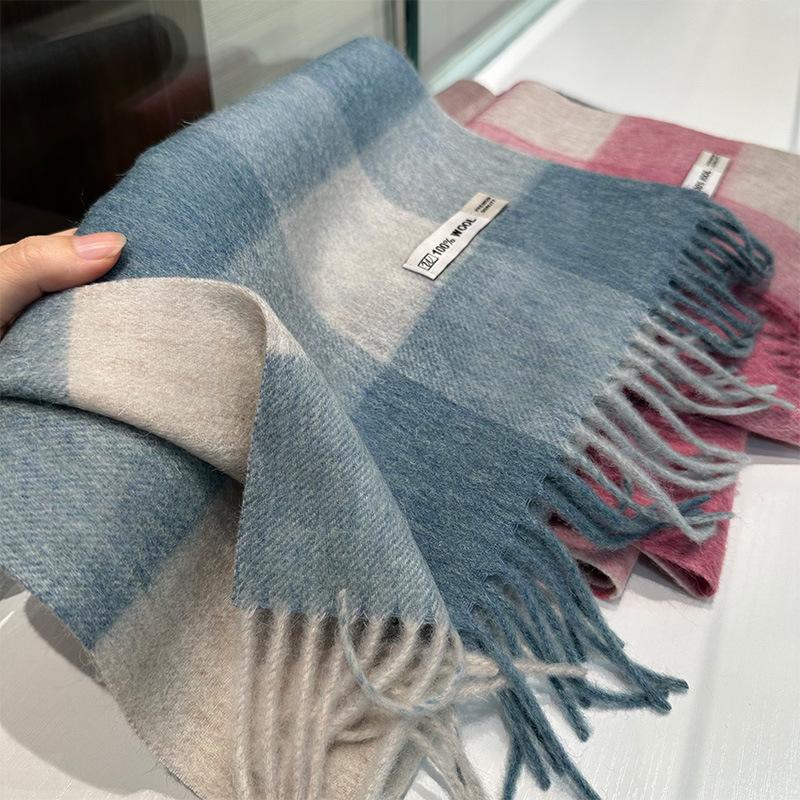 Winter Atmosphere Plaid 100 Wool Scarf Women's Winter Versatile Couple Warm Shawl Dual-purpose