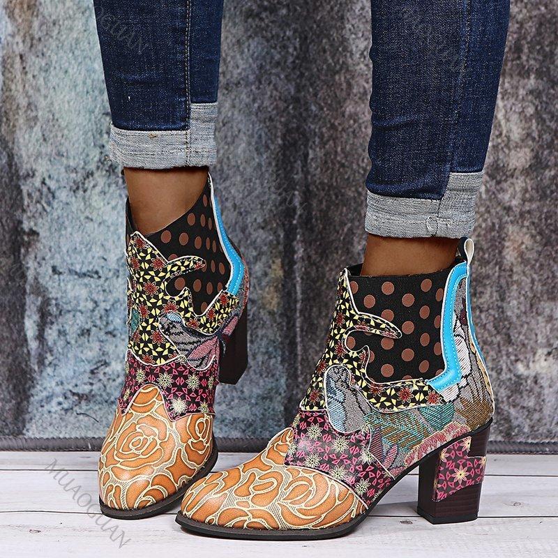 Модные женские ботинки большого размера, модный этнический стиль, повседневная мода, ретро, боковая молния, цветные блоки, на высоком каблуке, короткие кожаные ботильоны