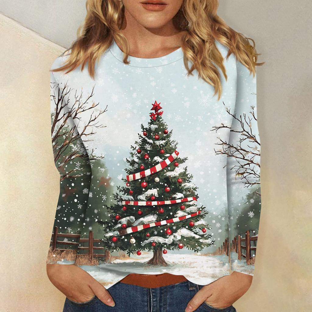 Рубашки с длинным рукавом для женщин Милые принты Футболки Блузки Повседневные Большие размеры Базовые топы Пуловеры Рождественские