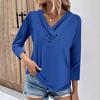 Womens 3/4 Sleeve Daily Weekend V Neck Casual Printed Tshirts Loose Fit Pleated Tees Ladies Blouse