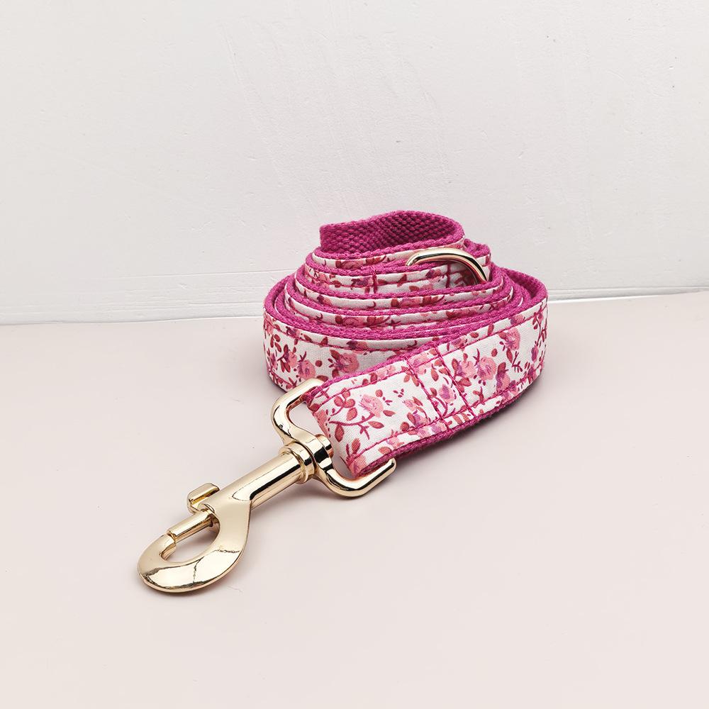 Personalized Elegant Cotton Floral Print Dog Collar And Leash Set Adjustable Pet Leads XS-XL Frenchie Teddy Bowtie Necklace