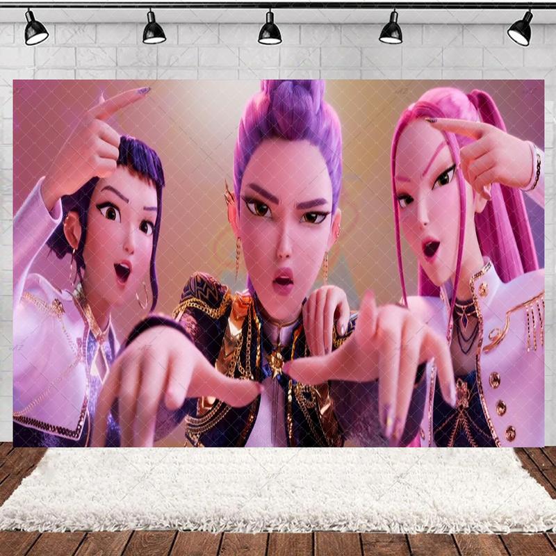 KPop Girl Demon Hunter Birthday Party Decorations Purple Disposable Tableware Anime Pink Balloons Backdrop Banner Cake Toppers