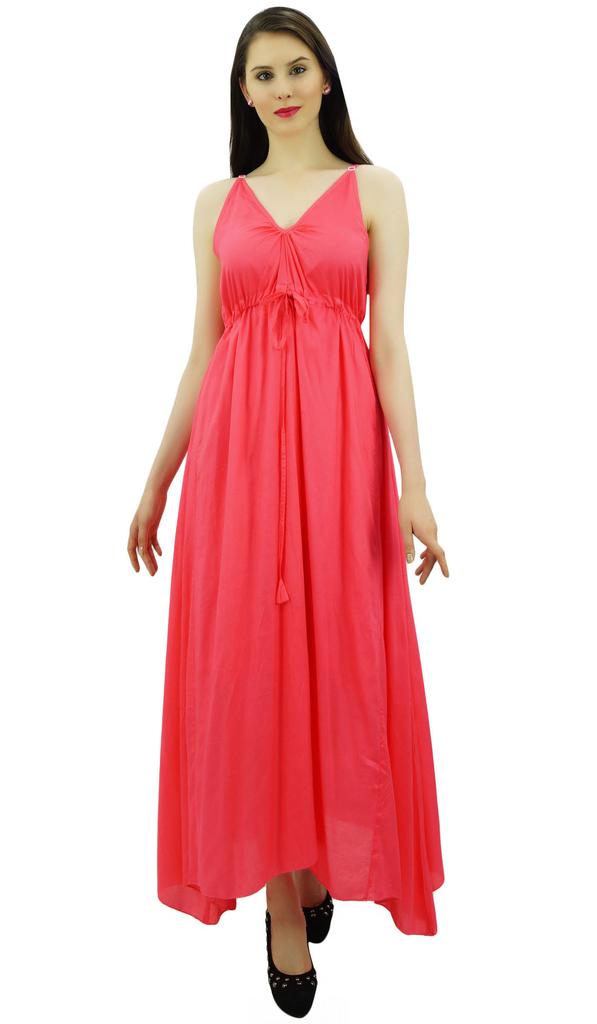 Bimba Women's Long Maxi Cotton Beach Dress Drawstring Waist Strappy Resort