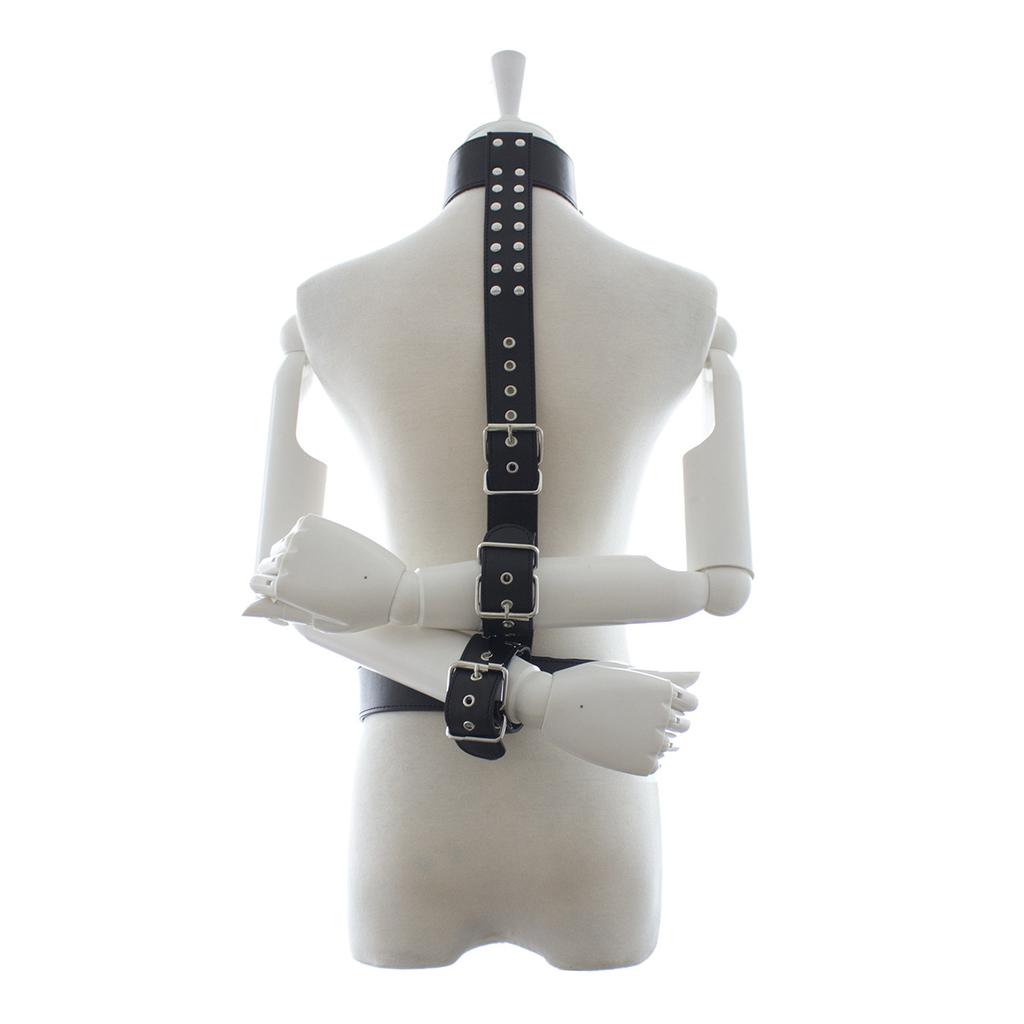 BDSM PU Leather Neck To Wrist Restraint Set Back Bind Bondage Harness Choker Collar with Handcuffs Slave Role Play Adult Sex Toy
