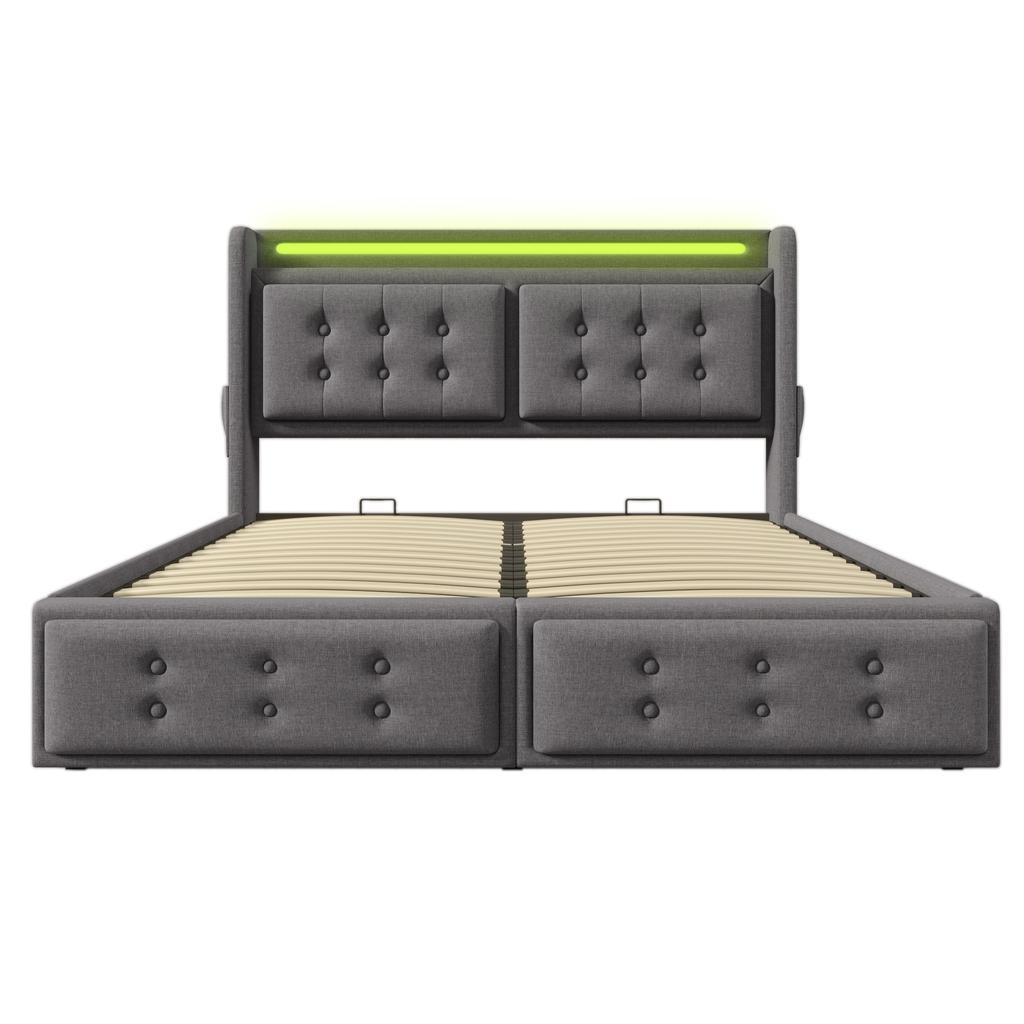 Upholstered Bed 140x200, Double Bed with LED Headboard and USB C Charging, Hydraulic Wooden Slatted Base, 300 kg, Grey, Cotton (Without Mattress)