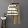 Two-piece Sets Vintage Elegant V-neck Long-sleeved Contrast Striped Knit Sweater Women Tracksuit High Waist Draped Pants Sets
