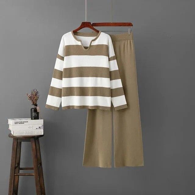 Two-piece Sets Vintage Elegant V-neck Long-sleeved Contrast Striped Knit Sweater Women Tracksuit High Waist Draped Pants Sets