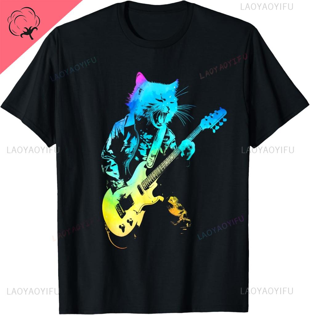Cat Playing Guitar Rock Star Rock and Roll for Men Women T-Shirt Print Original Design Gifts T Shirts Camiseta Hombre