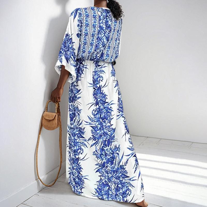 Весна Новое Для женщин Винтажный Принт Темперамент Элегантное Платье с V-образным вырезом и завязками