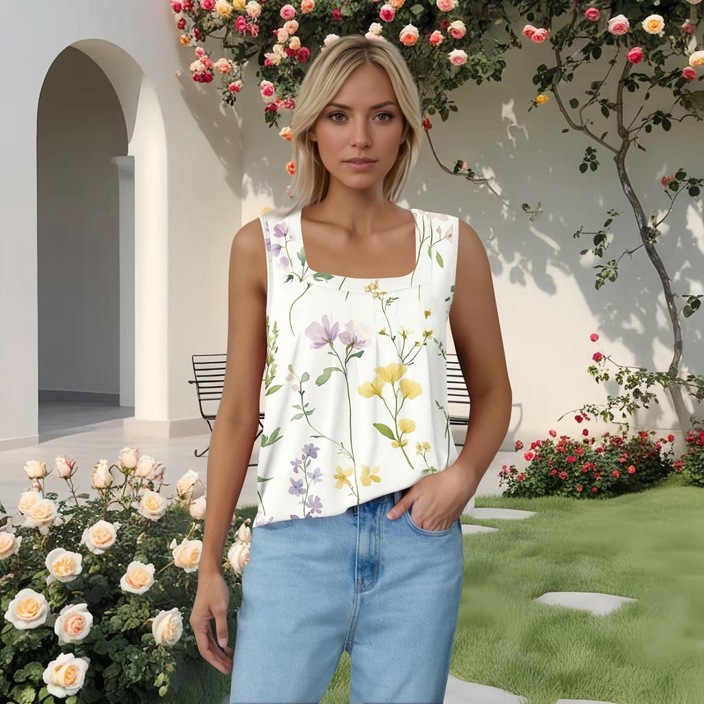 Женская плиссированная футболка без рукавов с квадратным воротником и принтом