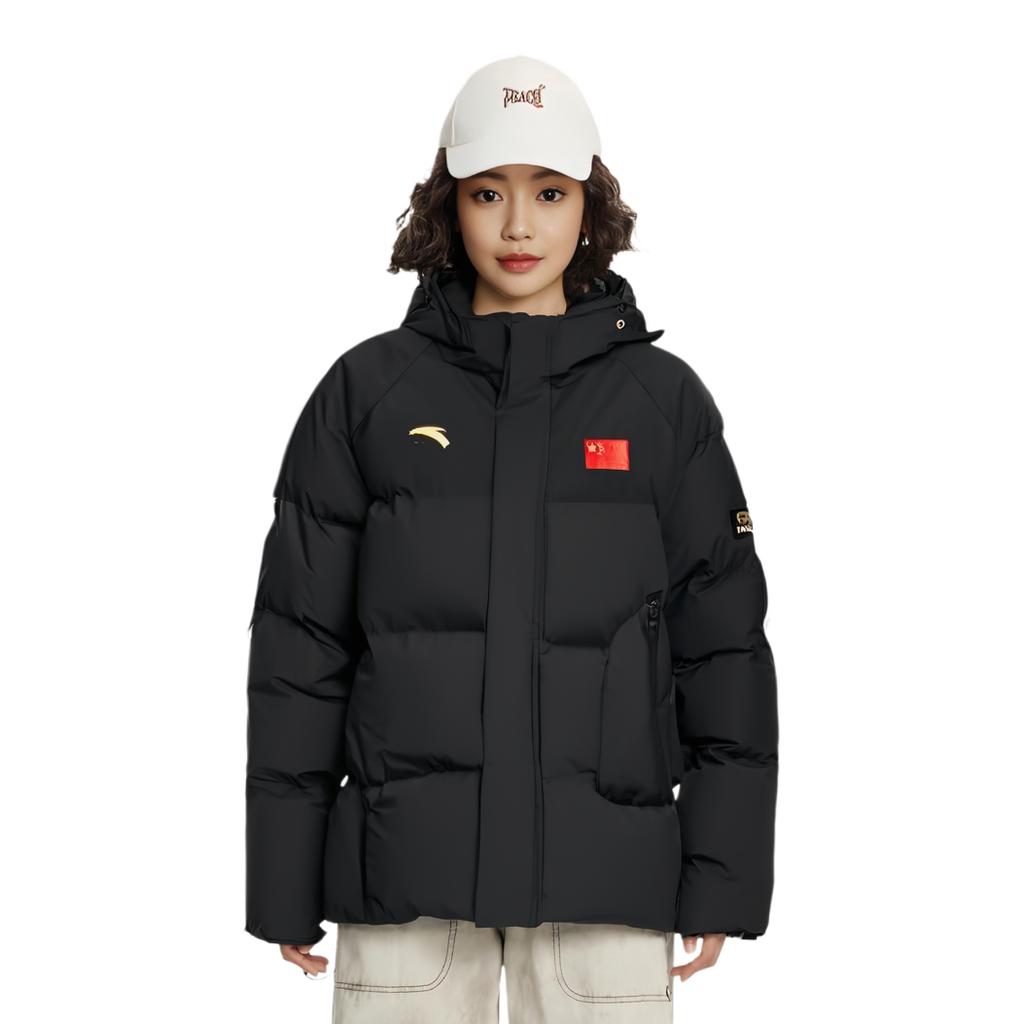 Anta Классический логотип серии с капюшоном на молнии, плотный повседневный короткий пуховик унисекс, верхняя одежда, черный цвет 462340106-1