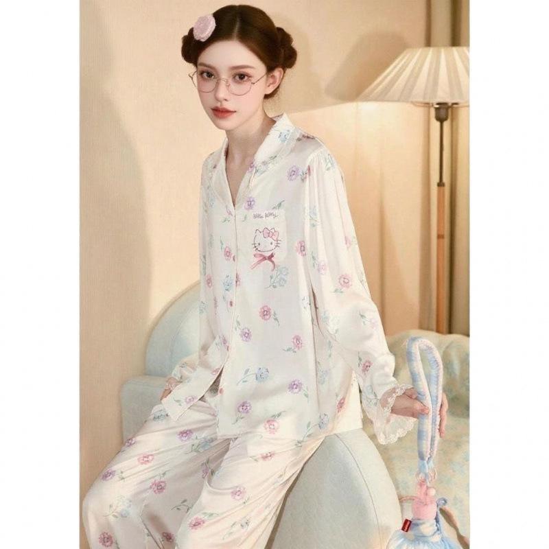 Spring and Autumn long-sleeved new ice and snow silk pajamas female Internet celebrities popular cute girl KT cat cardigan loungewear