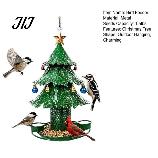 Wild Bird Feeder with Drinking Cups Christmas Tree for Outdoor, Metal Hanging 2 All Weather Rust Proof Water Cups, Green Xmas Seeds Tray Garden Patio