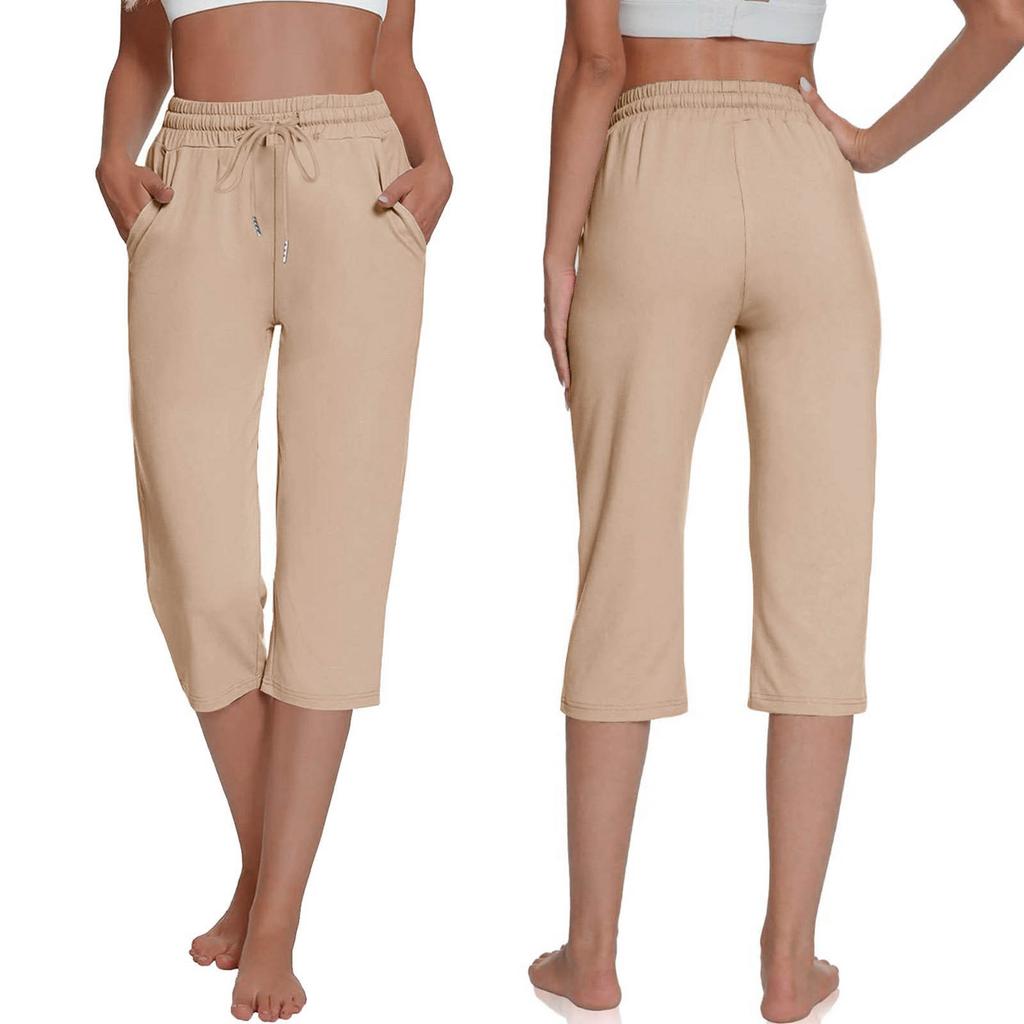 Women's Casual Solid Color Pocket Straight Leg Sports Capris Loose Cropped Pants