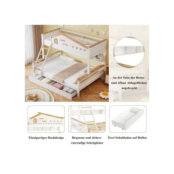 Двухъярусная кровать - MUVOE - 90x200см & 140x200см - Белый + Натуральный - 2 ящика - Наклонная лестница