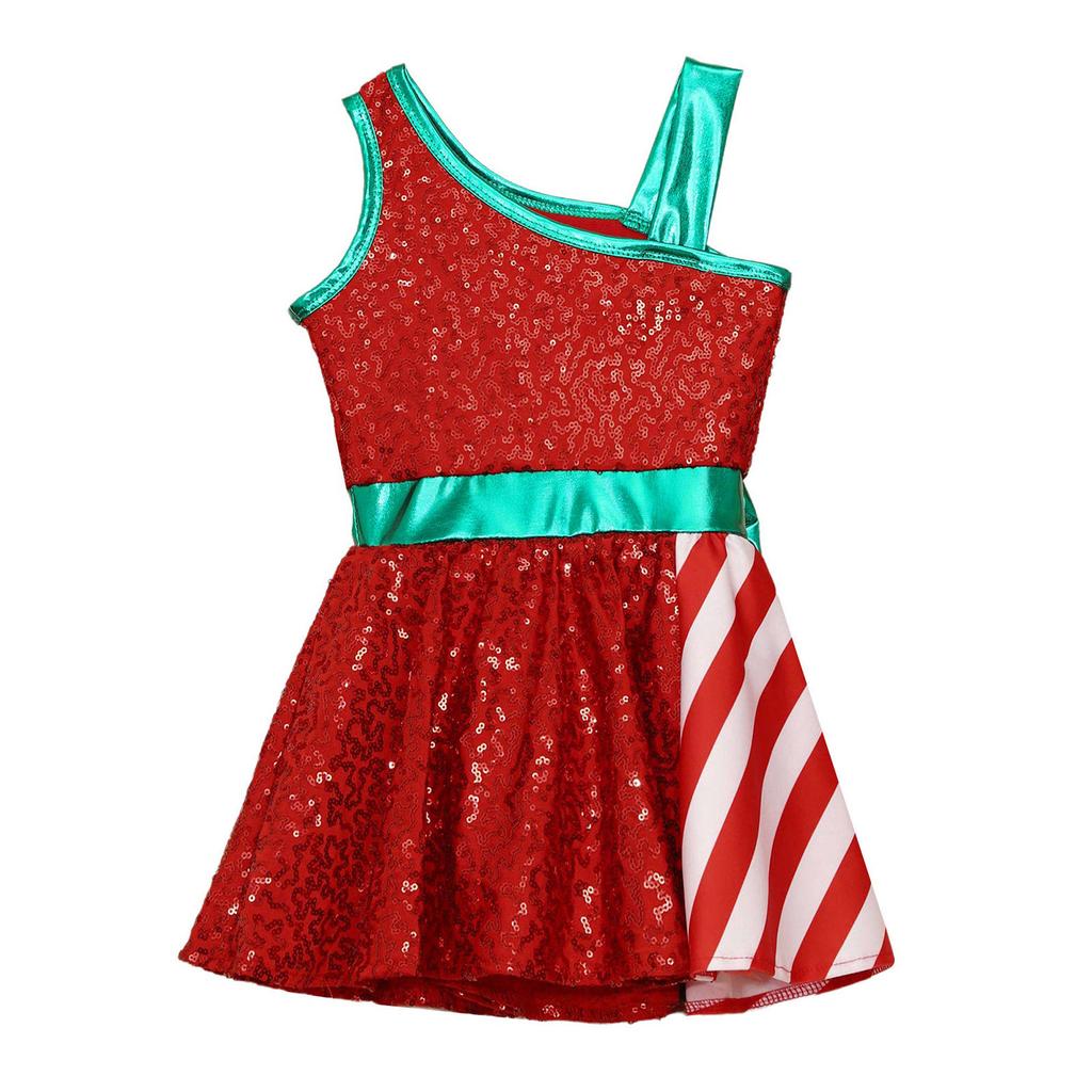 Kids Girls Sequins Christmas Dress Xmas New Year Dress Big Bow Stripe Stage Performance Santa Clause Party Dancewear