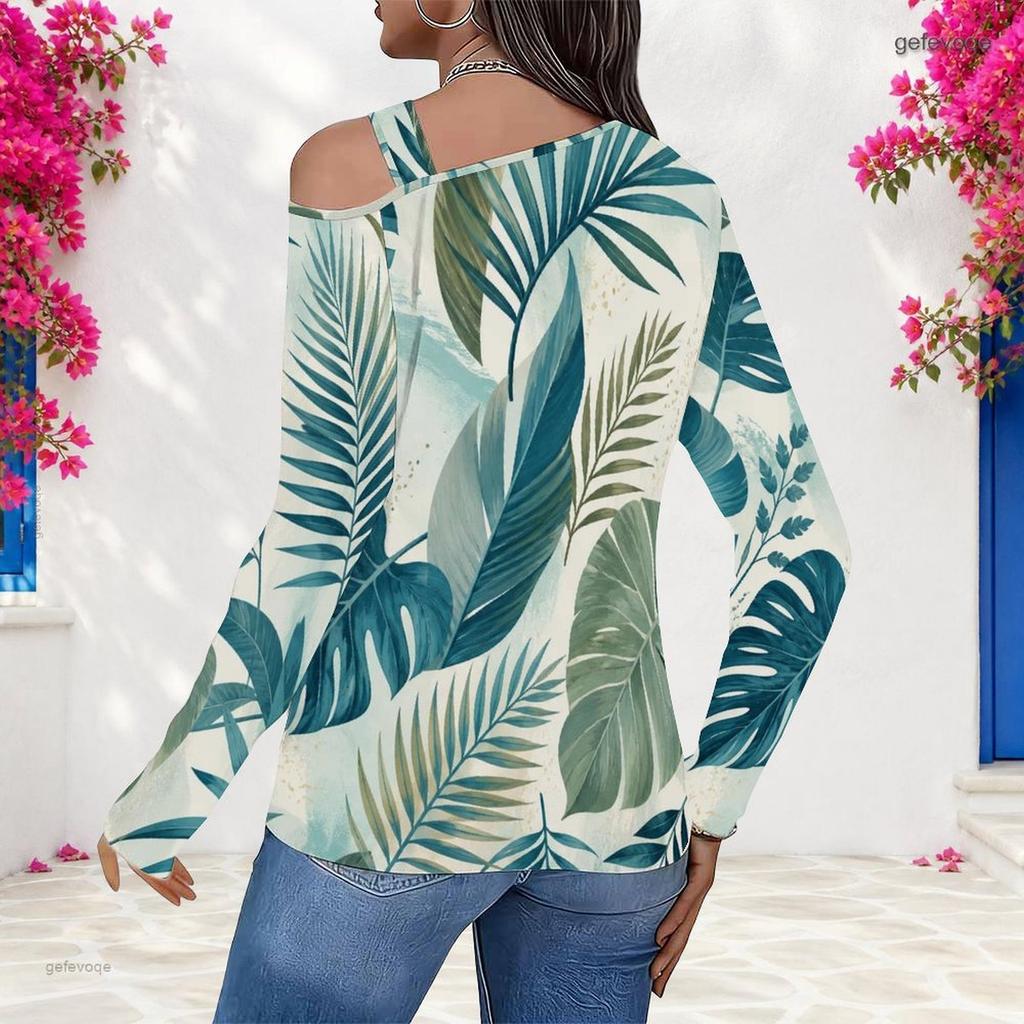 Women Plus Size Asymmetric Cutout Neck Cold Shoulder Long Sleeve Tropical Leaf Printed Fitted Blouse