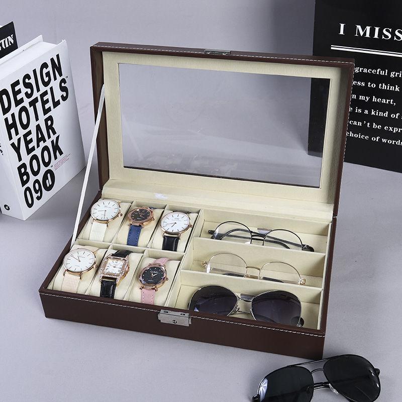 Изысканный 6-слотовый ящик для часов, чехол для ювелирных изделий из искусственной кожи, 3 слота, чехол для хранения очков, витрина-органайзер для мужчин и женщин, черный