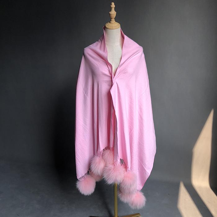 Factory Direct  Pashmina Shawl Women Cashmere Scarf Shawl With Fox Fur Pompoms