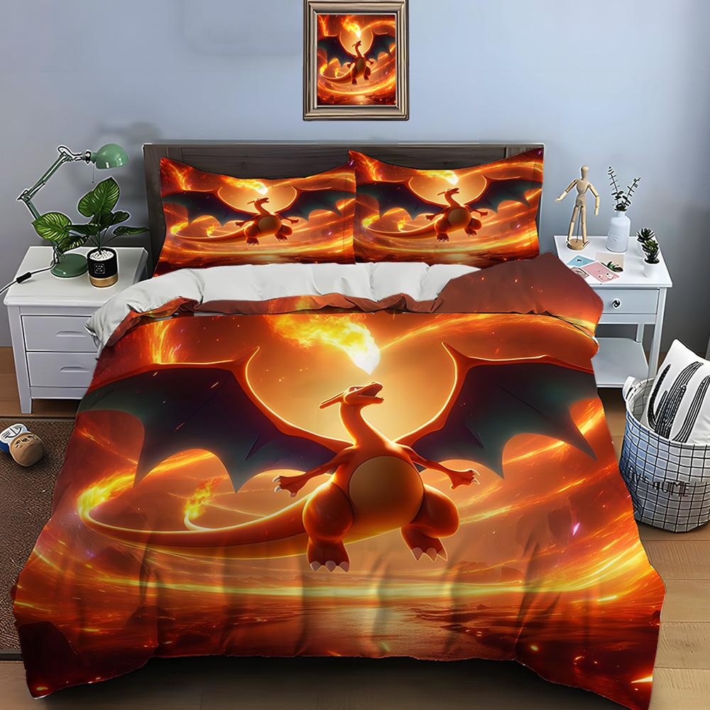 10 размеров Комплект постельного белья с принтом Покемона Чаризарда 3 предмета Набор Кровать Кинг-сайз Наволочка Покрывало для взрослой кровати Спальный комплект для подарков
