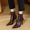 Модная женская обувь 2024 года, модные женские ботинки на шнуровке, осень-зима, с острым носком, однотонные, сексуальные, на шпильках или тонких каблуках, на молнии