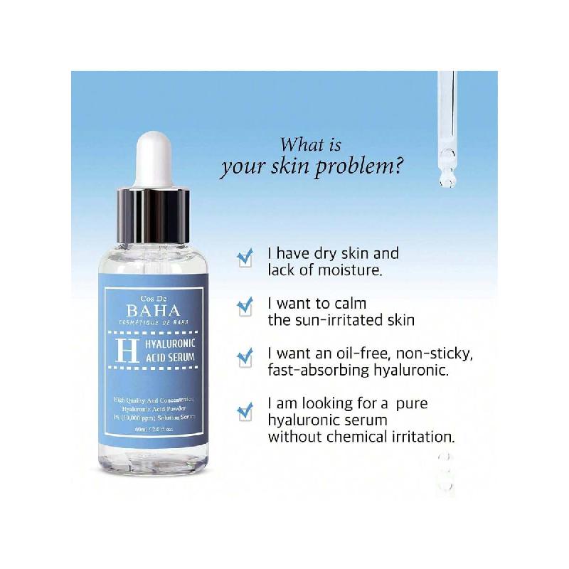 Сыворотка Cos De BAHA Pure Hyaluronic Acid 1% 10 000 ppm 60 мл, Увлажняющая сыворотка для лица от мелких морщин, Сыворотка для лица с интенсивным увлажнением для заметно упругой кожи