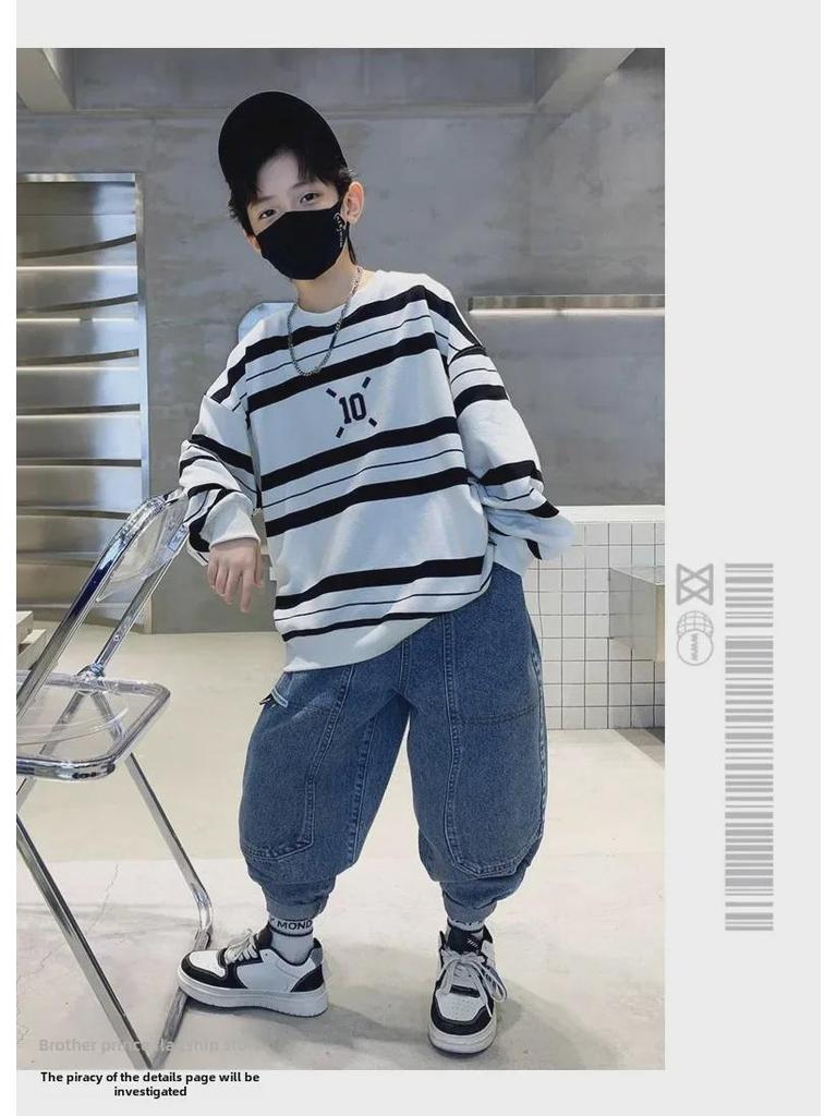 Футболка для мальчиков 2023 года, свободная, с круглым вырезом и длинными рукавами - классный корейский стиль