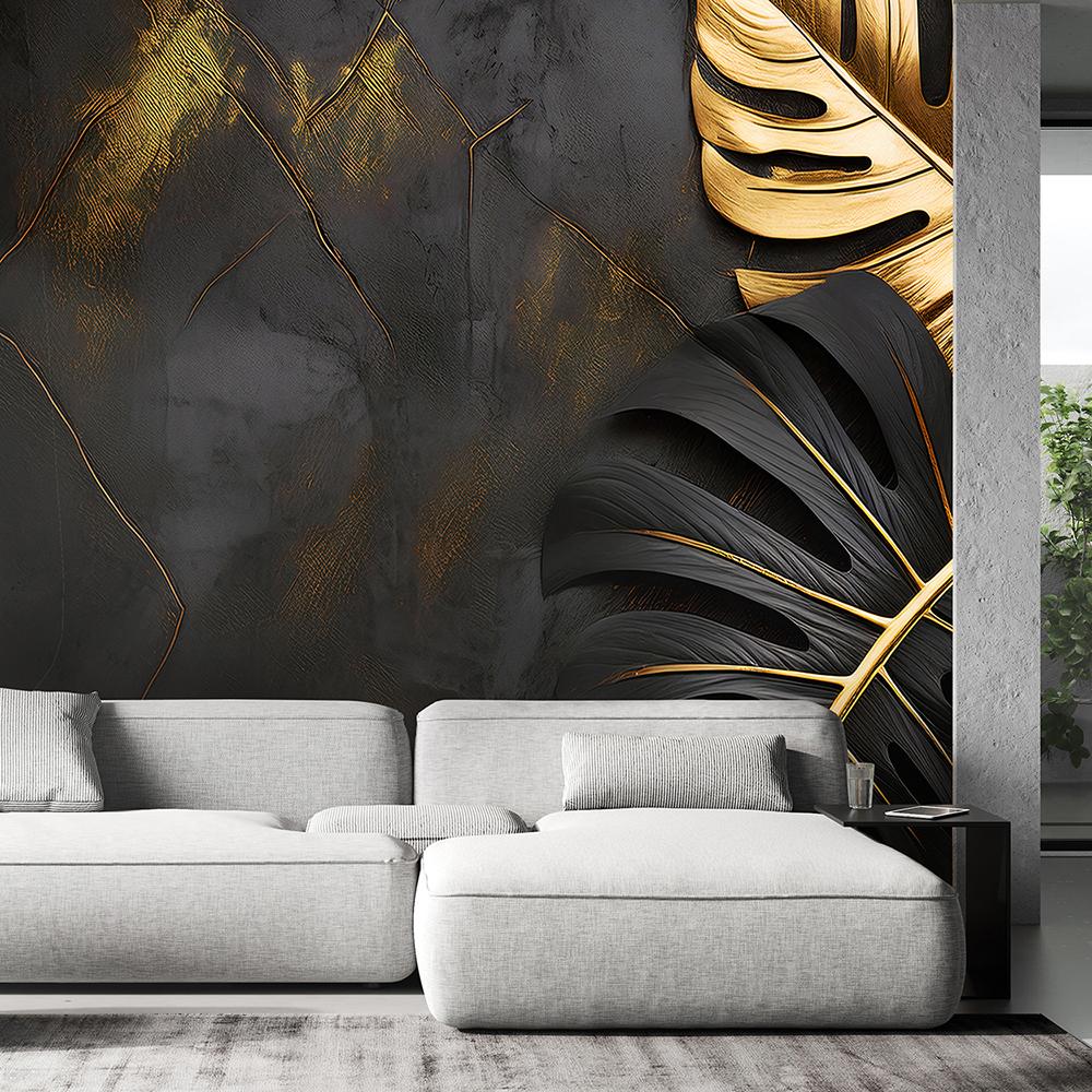 Wallpaper Gold and Black Monstera Leaves On Abstract Background
