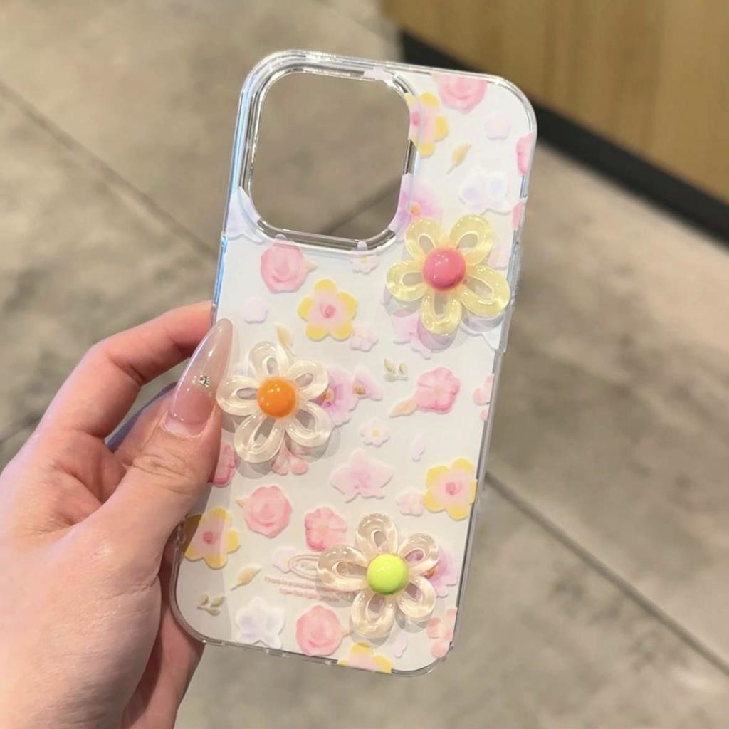 Spring three-dimensional flower Apple 11promax mobile phone case 11pro transparent white background lanyard large hole hard case 11 women