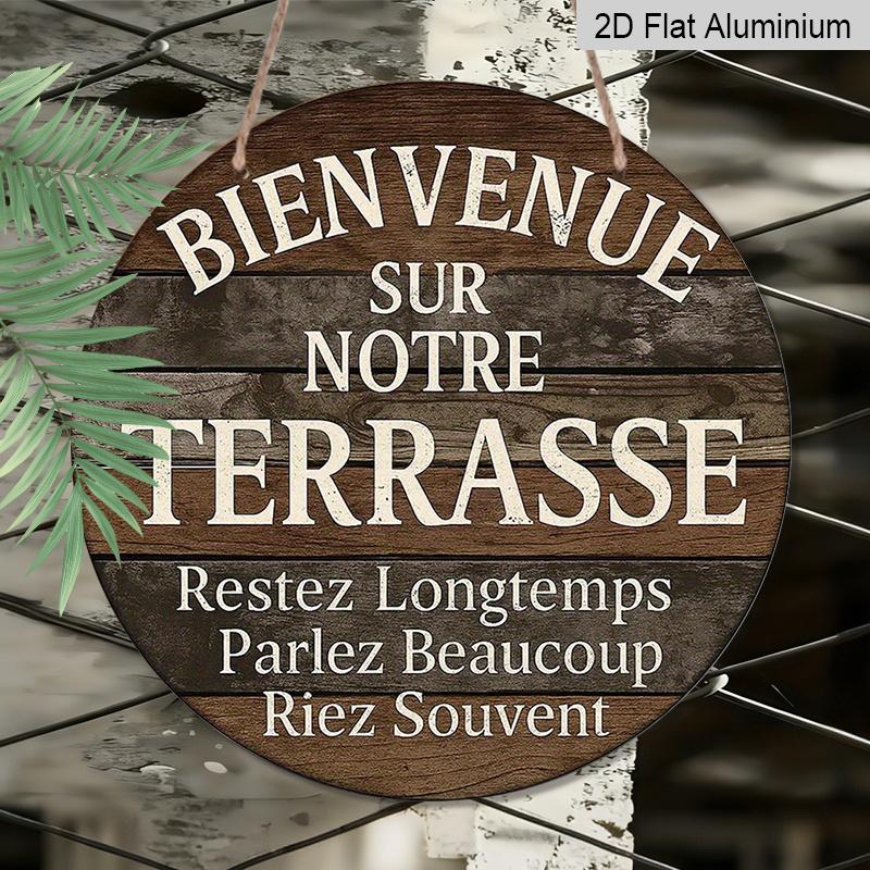 2D Flat, 1pc Round French Aluminum Sign, "Welcome to Our Patio" Vintage Decorative Plaque, French-Style Rustic Decor Sign for Restaurant, Cafe