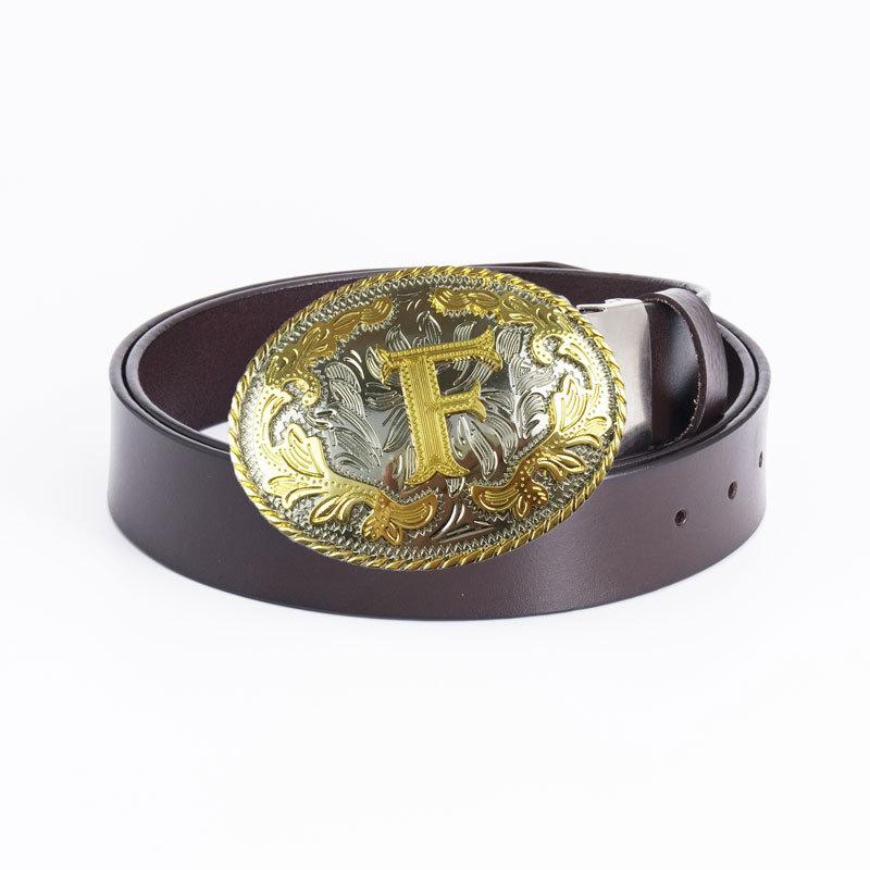 Gold Men's Belt Whole Two-layer Cowhide Fashionable Retro F Letter Belt Plate Buckle