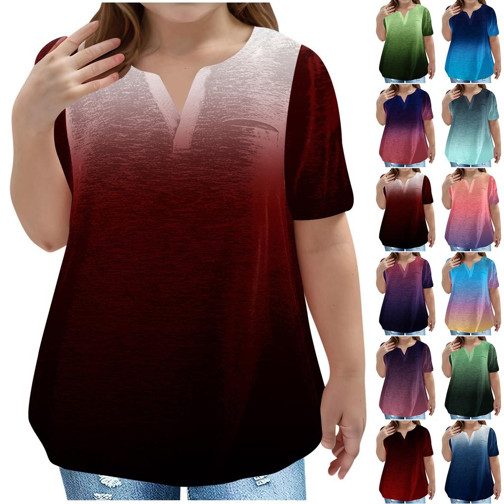 Children's Plus-size T-shirt Gradient Casual Fashion V-neck Short-sleeved Pocket Top