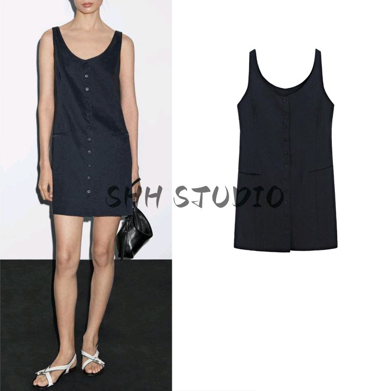 MD Early Autumn New Women Clothes Minimalist High Sense of Intelligence Gold Sense Short U-Collar Sleeveless Jumpsuit Short Dress 6641800