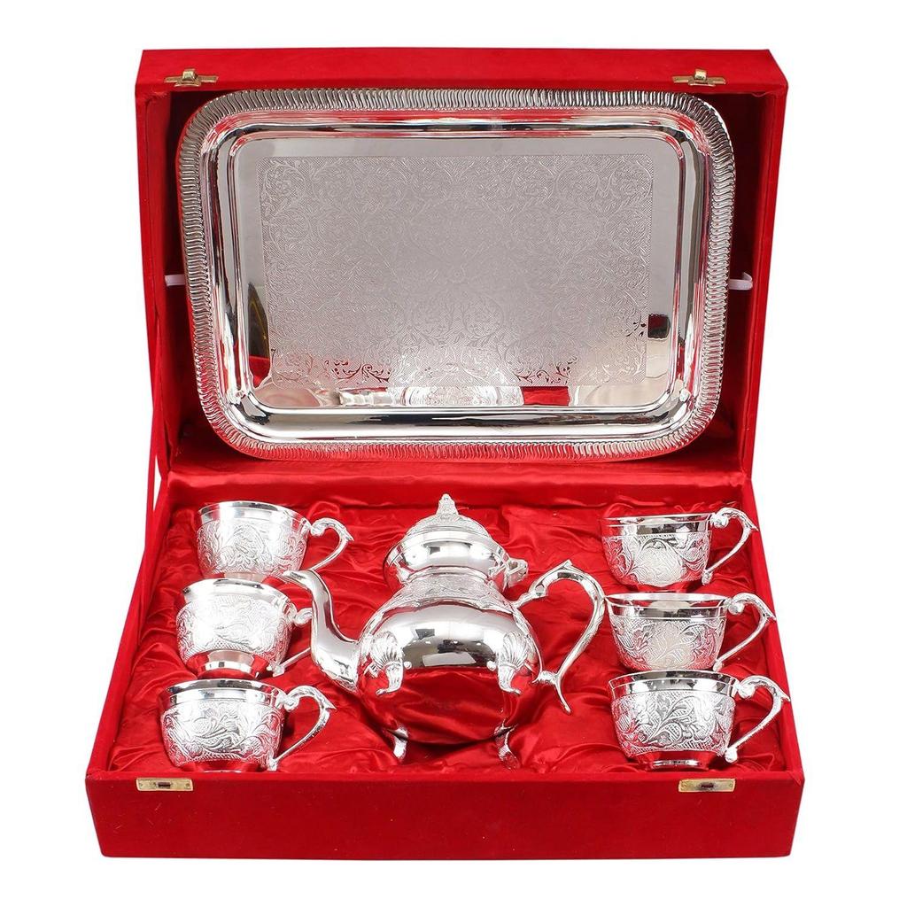 Посеребренный чайник с блюдом на 6 чашек и 1 подносом, сервировочная и столовая посуда, декоративный подарок на Дивали, 8 предметов, серебро