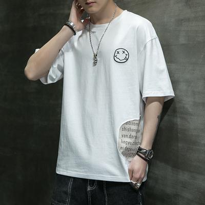 Мужская летняя новая футболка с короткими рукавами из чистого хлопка, корейская версия, модная базовая рубашка с улыбающимся лицом, универсальная мужская футболка с половиной рукавов