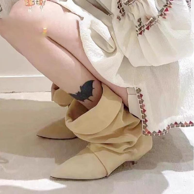 Sheepskin Version~ Pointed Cat Heel Fold Pile Boots Women's Autumn and Winter New Fashion Casual Western Boots Versatile Short Boots