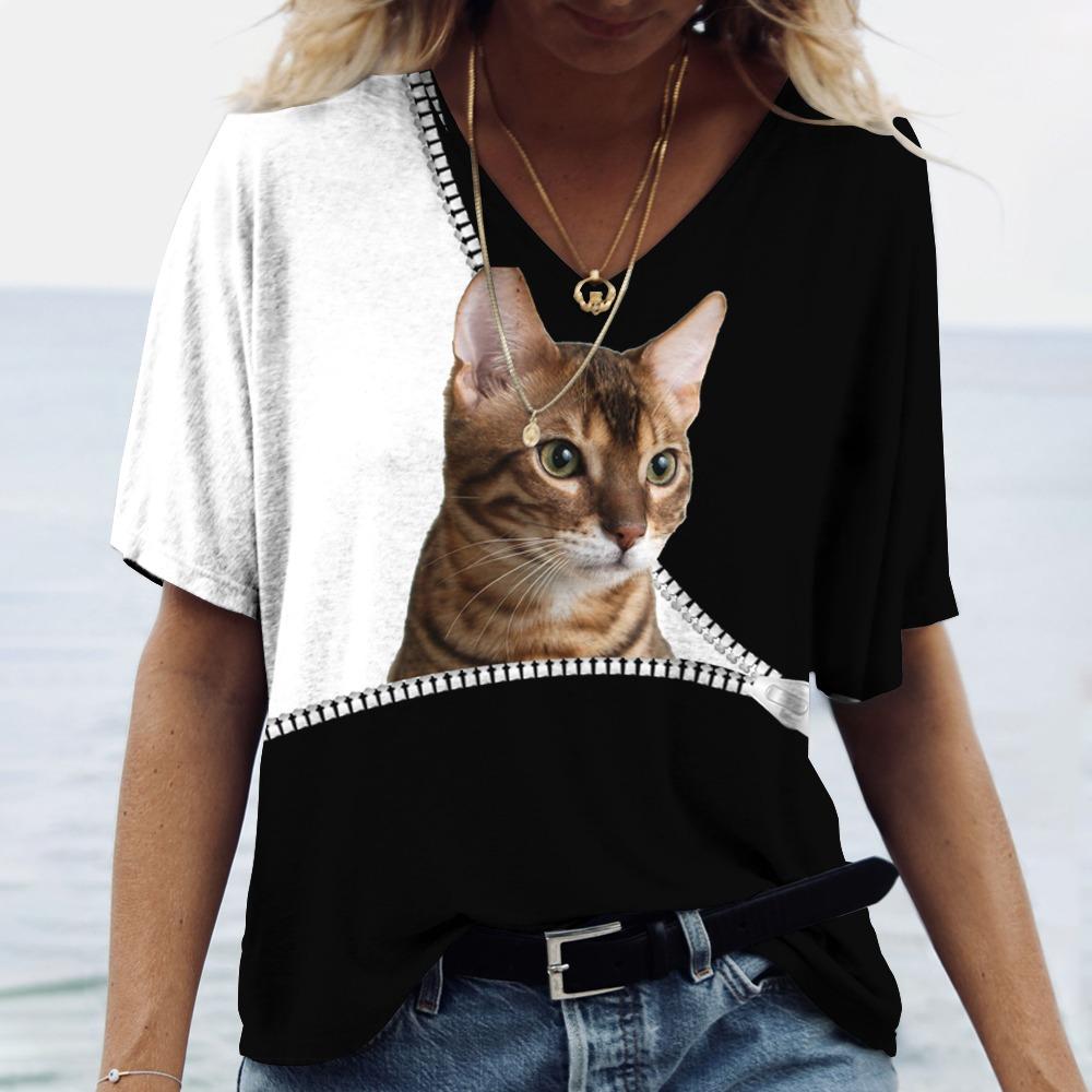 Футболка с 3D принтом кота, женские футболки большого размера с v-образным вырезом, топы, женские повседневные модные футболки с короткими рукавами, уличная одежда, женская одежда Y2k