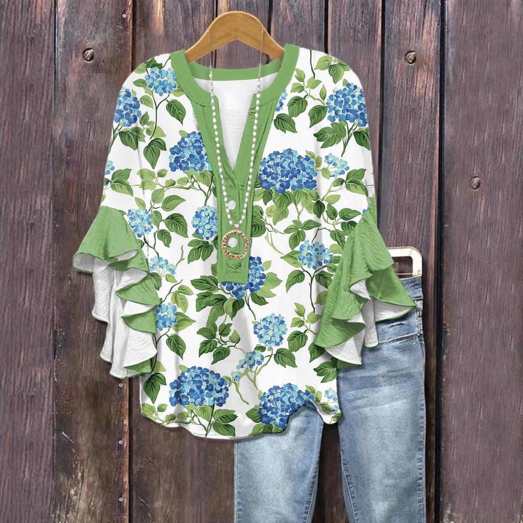 Летние топы для женщин, симпатичные блузки с V-образным вырезом и рукавом 3/4, повседневные рубашки с цветочным принтом