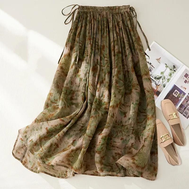 Women's Summer High-waisted Floral Bustier Skirt Double-layer Tie Thin A-line Big Swing Skirt