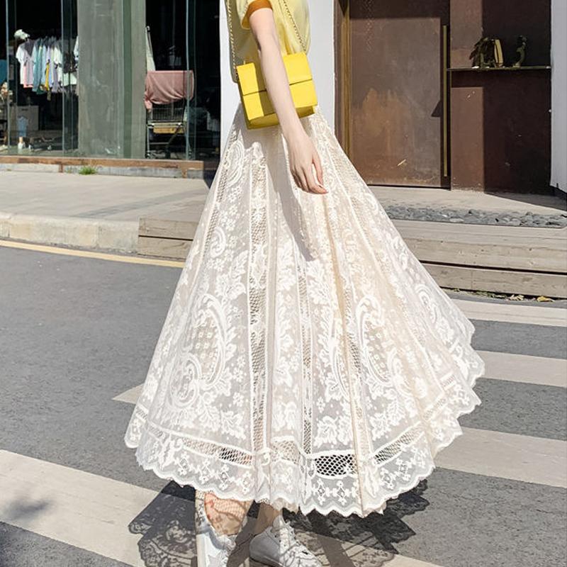 Женская кружевная газовая модная длинная юбка, весенне-летняя темпераментная, с высокой талией, тонкая, свободная, повседневная, шикарная, элегантная, женская юбка миди