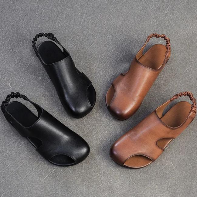 Johnature Hollow Out Breathable Comfortable Flat Sandals Retro Genuine Leather Casual Women's Shoes