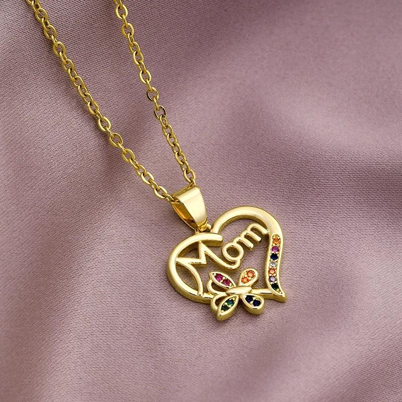 Elegant Mother's Day Gift MaMa Letter Name Stainless Steel Chain Necklaces Copper Cubic Zirconia Pendant Jewelry for Women