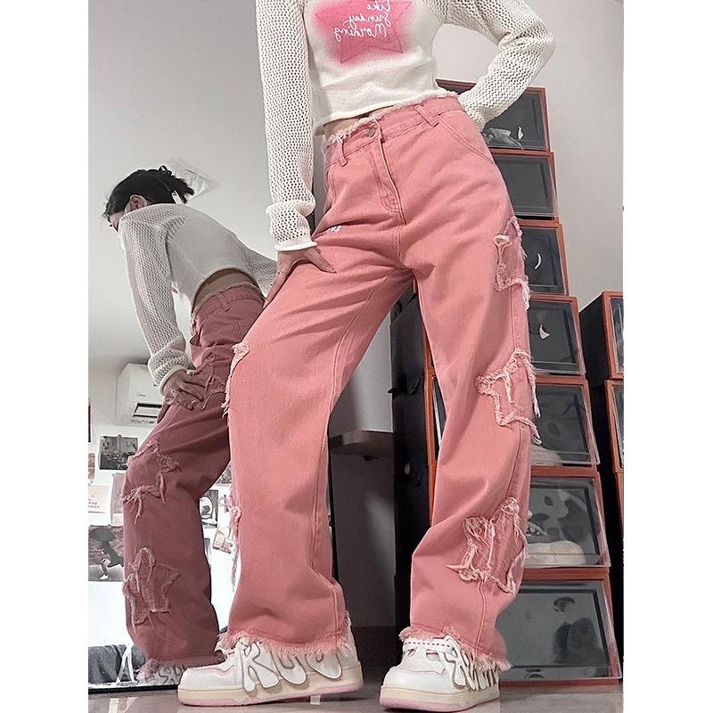 Розовые джинсы с высокой талией и джинсовые брюки с рваными звездами и бахромой, женские повседневные модные джинсовые брюки y2k