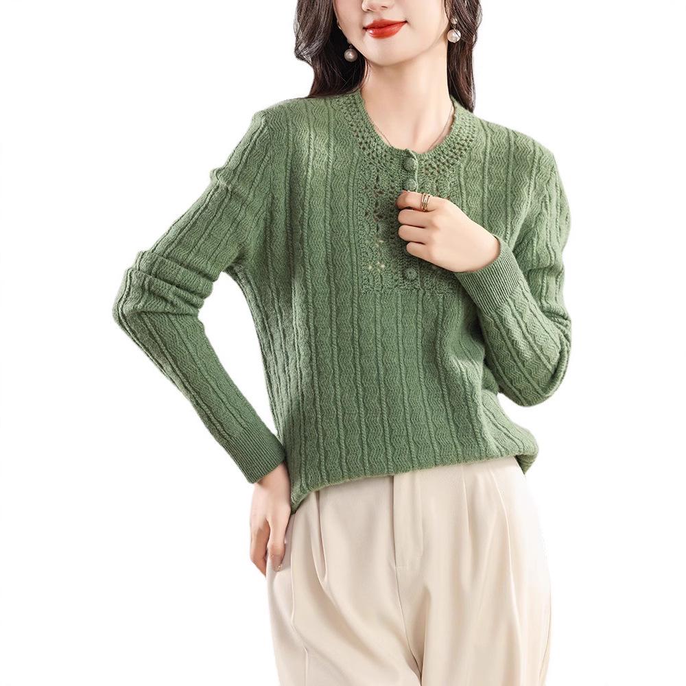 Mengyi Autumn/Winter Women's Wool Sweater: Half-Zip, Round Neck, Hollow Knit, Loose-Fit Versatile Base Layer